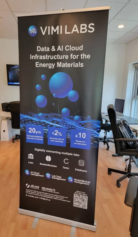 Tech roll up banner printing for VIMI Labs showcasing AI and cloud data infrastructure for energy material research
