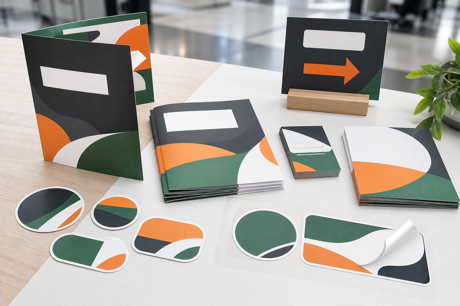 Trade show flyers, brochures, stickers, removable decals and directional sign