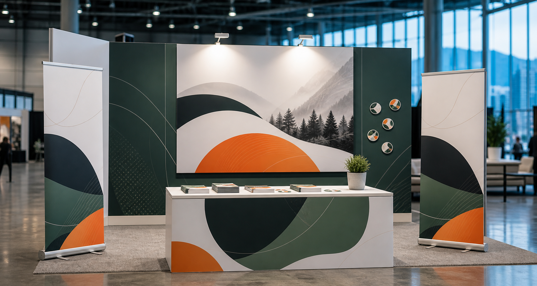 Trade show booth with coordinated roll-up banners, poster panel and printed graphics in Vancouver