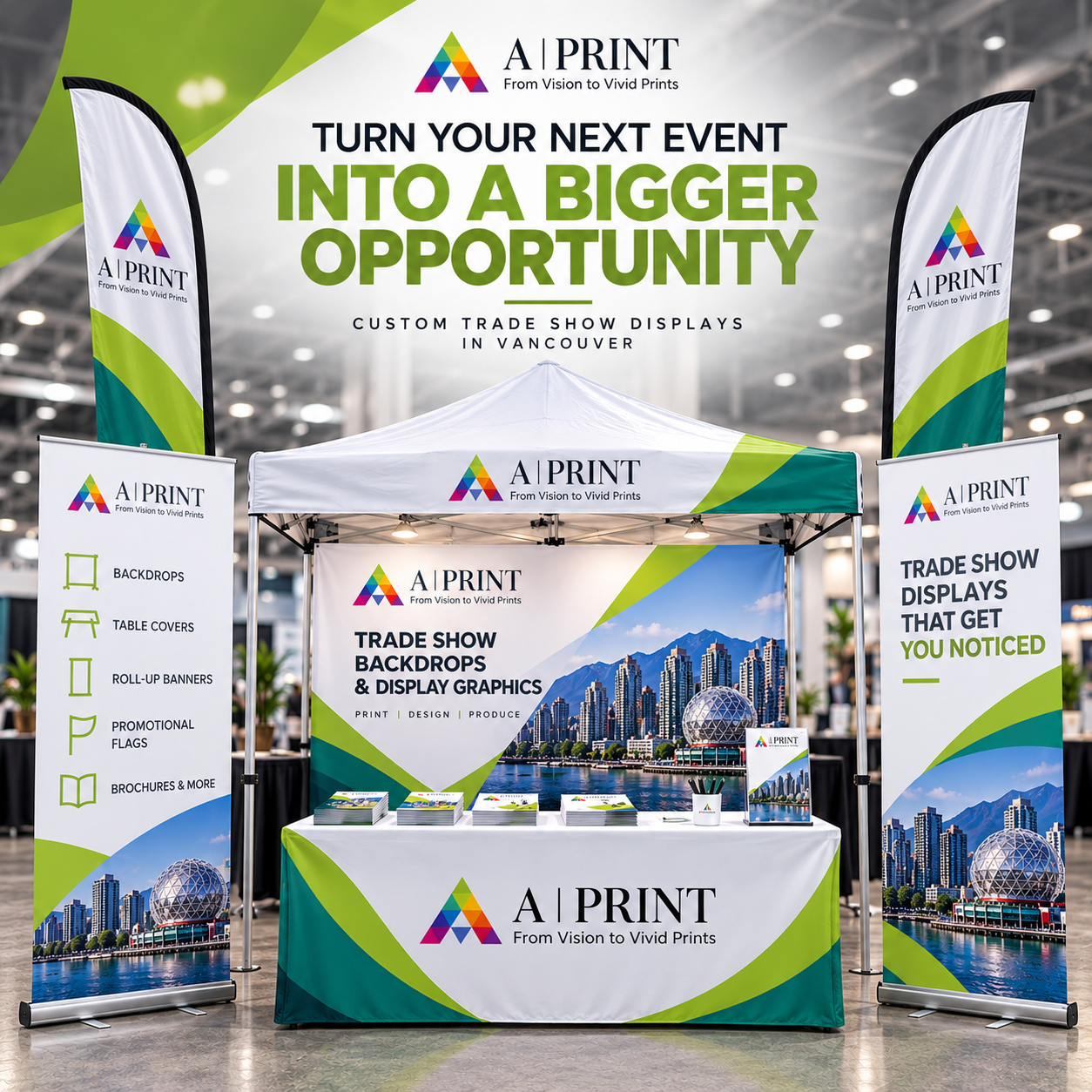 Aprint trade show display with custom backdrop, roll-up banners, flags and branded table cover